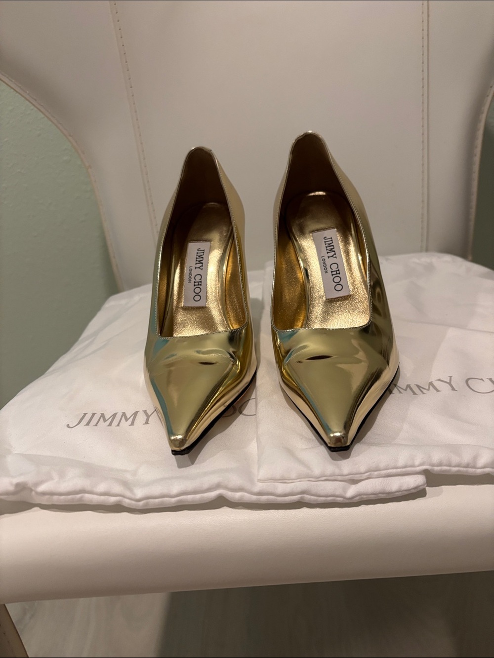 Jimmy Choo Metallic Gold Pointed Stiletto Pumps - Picture 2 of 5